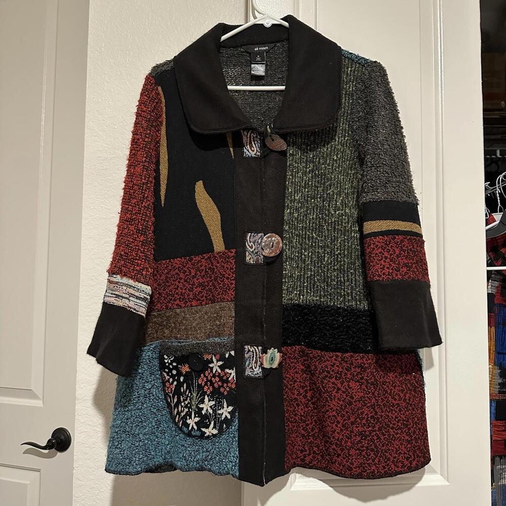 Ali Miles Color Block Big Button Oversized Cardigan Sweater Artsy Sz M Medium